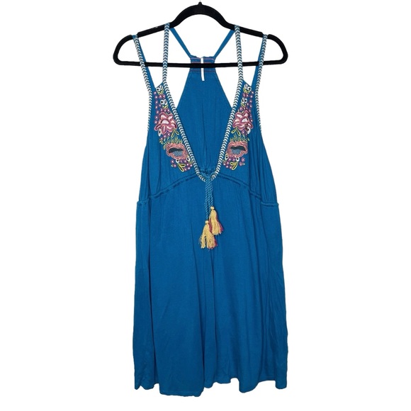 Free People Lovers Cove Embroidered Turquoise Mini Dress Large - Picture 7 of 16